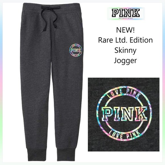 NEW VS PINK Rare LTD Edition Gray Skinny Jogger Lounge Sweatpant Rainbow Logo S - Picture 1 of 11